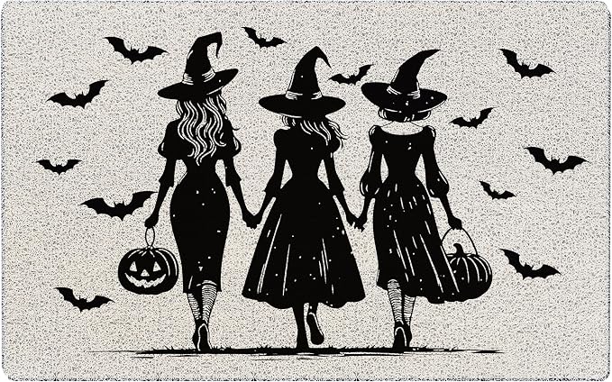 KEUSPI Halloween Witch Girl Spooky Pumpkin Mat, 17x30 Inches - skull door mat