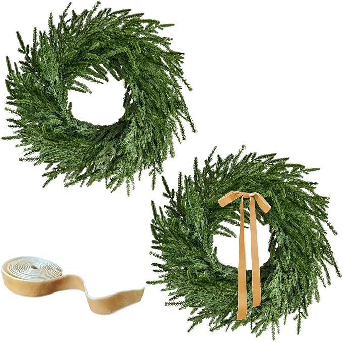 2Pcs Real Touch Norfolk Pine Wreath 24Inch Christmas Wreaths for Front Door - skull wreath
