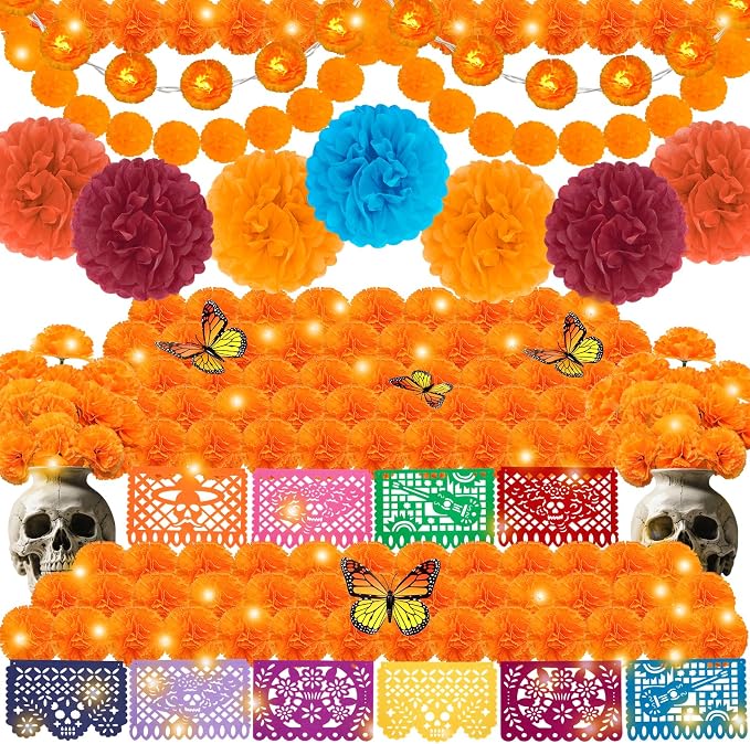 147Pcs Day of The Dead Decorations Set,10 Mexican Party Banner Papel Picado - skull carpet