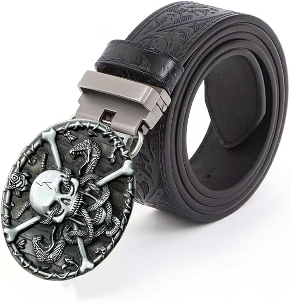 Men’s Skull Head Buckle Leather Belt Waist Band, Jeans Decorative Punk Belt
