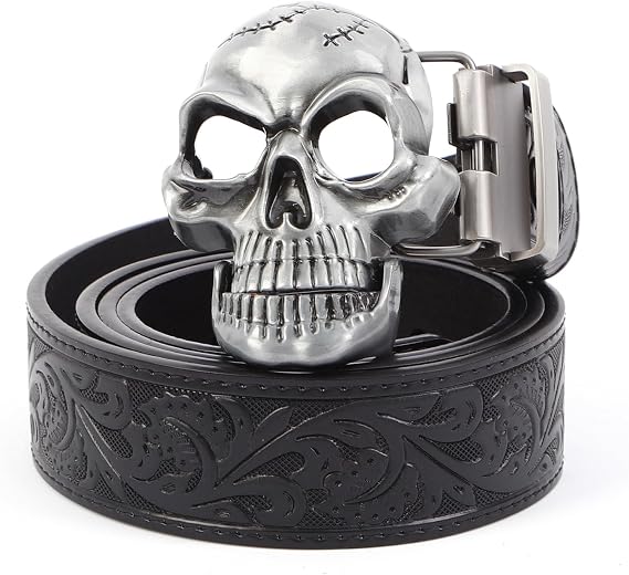 Men’s Skull Head Buckle Leather Belt Waist Band, Jeans Decorative Punk Belt