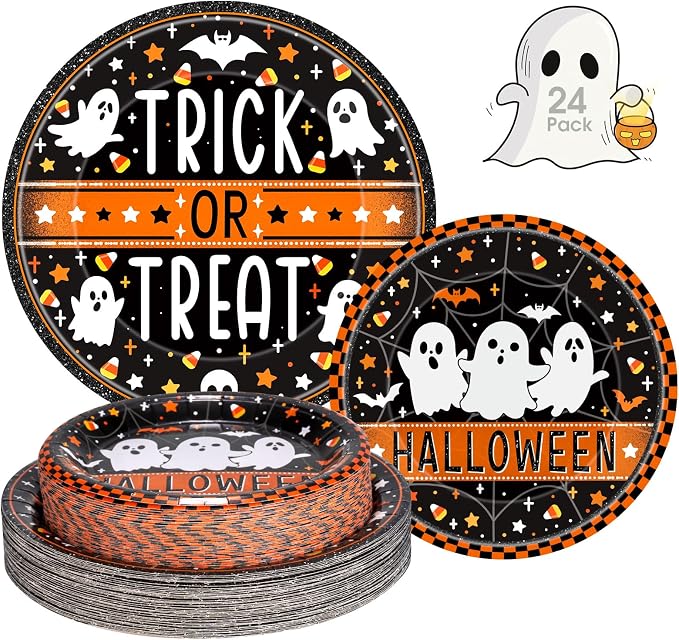 24 Pcs Happy Halloween Paper Plates Set - Cute Ghost Round Plate, Disposable Trick or Treat Dinner Dessert Plates Tableware Kit for Halloween Party Decorations Supplies Table Decor, Black Orange - skull plate
