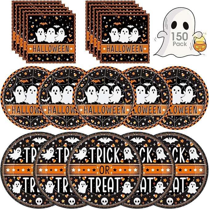 150 Pcs Happy Halloween Plates and Napkins Set - Trick or Treat Ghost Paper Tableware, Disposable Dinner Dessert Paper Plates Napkins Kit for Halloween Table Decorations Party Supplies, Serve 50 - skull plate