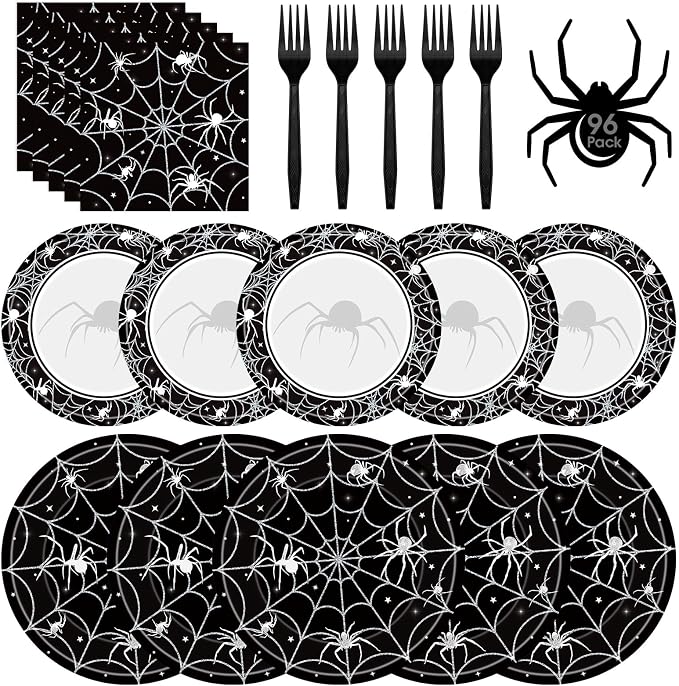 96 Pcs Halloween Plates and Napkins Set - Black Spider Webs Dinner Dessert Paper Plates Cocktail Napkins Forks Disposable Tableware for Spiderweb Halloween Party Decorations Supplies Favors, Serve 24 - skull plate