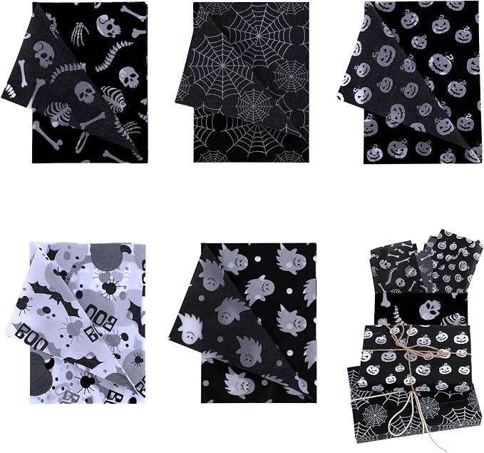 30 Sheets Halloween Packaging Tissue Papers, 13.8x19.7 Inch 5 Styles Gift Wrapping Paper Pumpkins Ghosts Skulls Bats Spider Web Print for Halloween Party Decoration DIY Craft Supplies - skull toilet paper