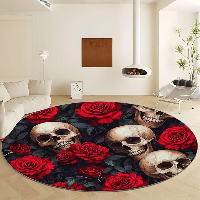 Non-Slip Round Area Rug 4 ft for Living Room Carpet, Soft Skull Head Rose Washable Circle Rugs for Bedroom Under Dining Table Home Decor Artistic Round Carpets, 4' x 4' - skull carpet