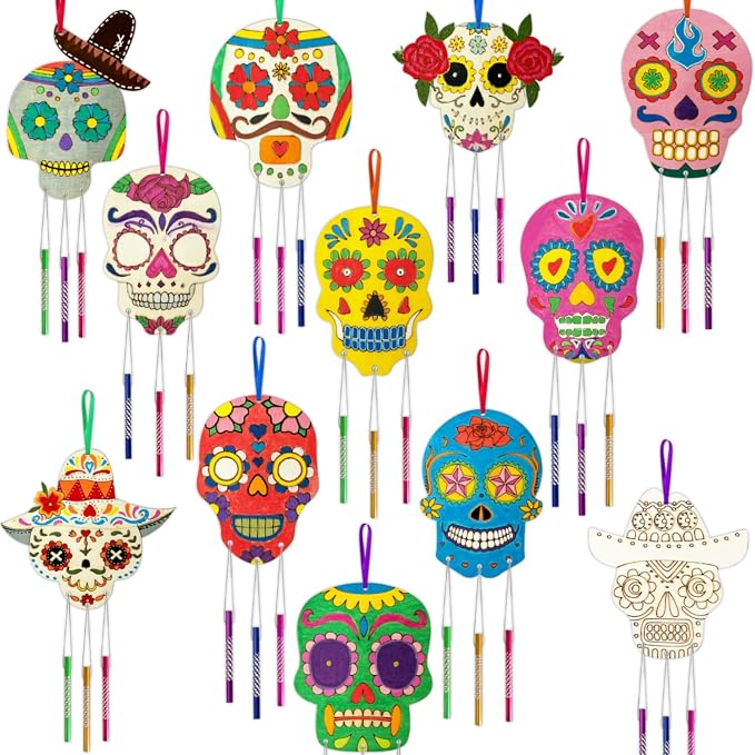 Day of the Dead Wooden Blank DIY Craft Wind Chime Ornaments, Set of 12 - sugar skull ornament