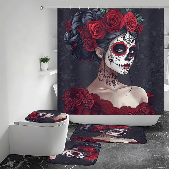 Day of The Dead Bathroom Shower Curtain Set Bathroom Sets with Rugs (Bath Mat,U Shape and Toilet Lid Cover Mat) Bathroom Decor Set - skull toilet mat