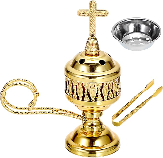 JUXYES Vintage Metal Incense Burner Holder with Ash Catchers and Cross Lid - skull incense burner