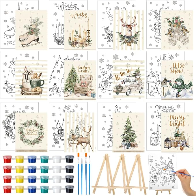 Kosiz 12 Sets Christmas Pre Drawn Canvas to Paint Xmas Stretched Coloring Painting Canvas Panels with Design Easel and Brushes for Party Supplies Beginner Favor Holiday Gifts - skull painting