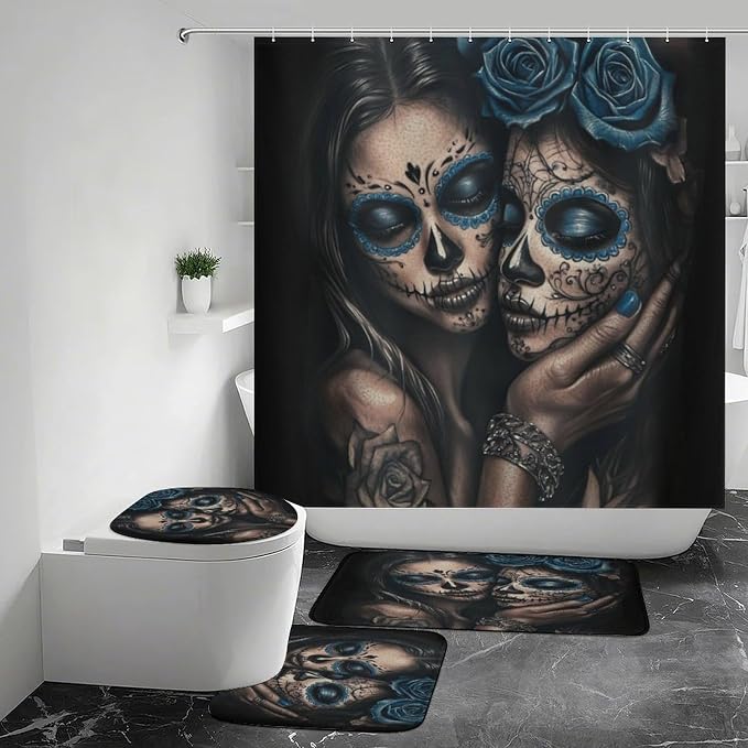 Day of The Dead Bathroom Shower Curtain Set Bathroom Sets with Rugs (Bath Mat,U Shape and Toilet Lid Cover Mat) Bathroom Decor Set - skull toilet mat