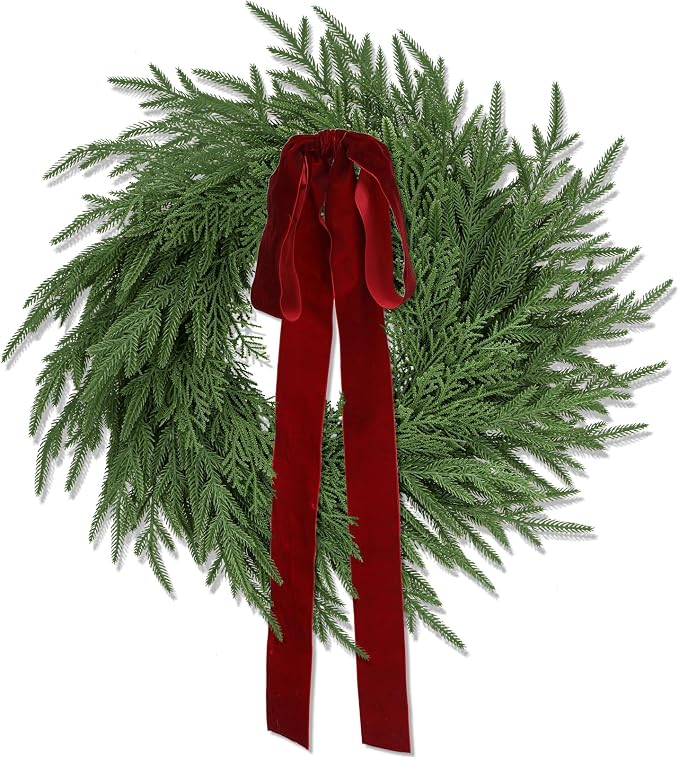 ENVEN Artificial Norfolk Pine & Cedar Christmas Wreath with Velvet Bow – Real Touch Faux Greenery Holiday Front Door Decoration for Indoor Outdoor Use - skull wreath
