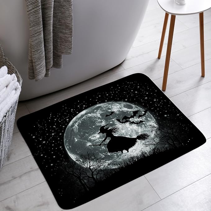 Spooky Halloween Bath Mat Scary Night Moon Witch Bat Dead Tree Forest Gothic Theme Bathroom Bathtub Floor Rugs Doormat Toilet Decor,18 x 30 in