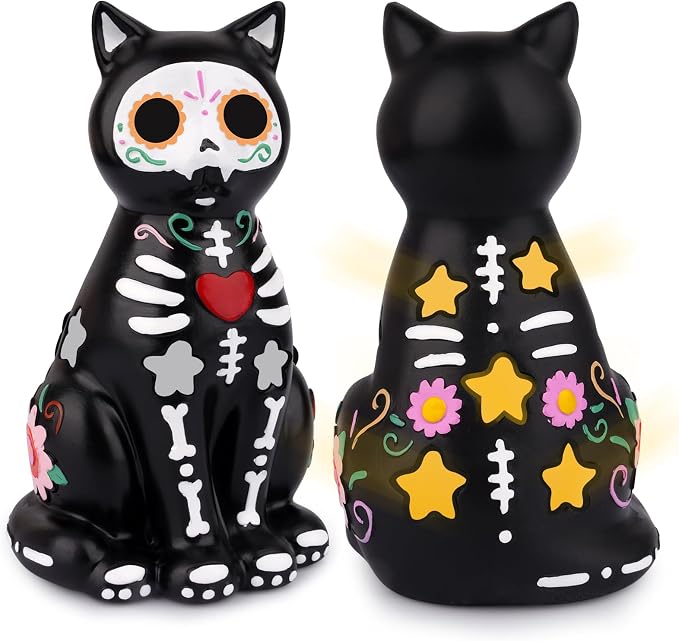 Day of The Dead Figurine, Halloween Black Cat Statue - sugar skull ornament