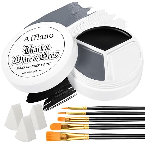 Black White Grey Face Body Paint, Halloween Ghost Skeleton Makeup Kit (3 Sponges + 5 Brushes), 9 Pcs Oil Based Full Coverage Smooth Face Painting Kit for Halloween SFX Clown Costume, Skull, Cosplay - sugar skull makeup