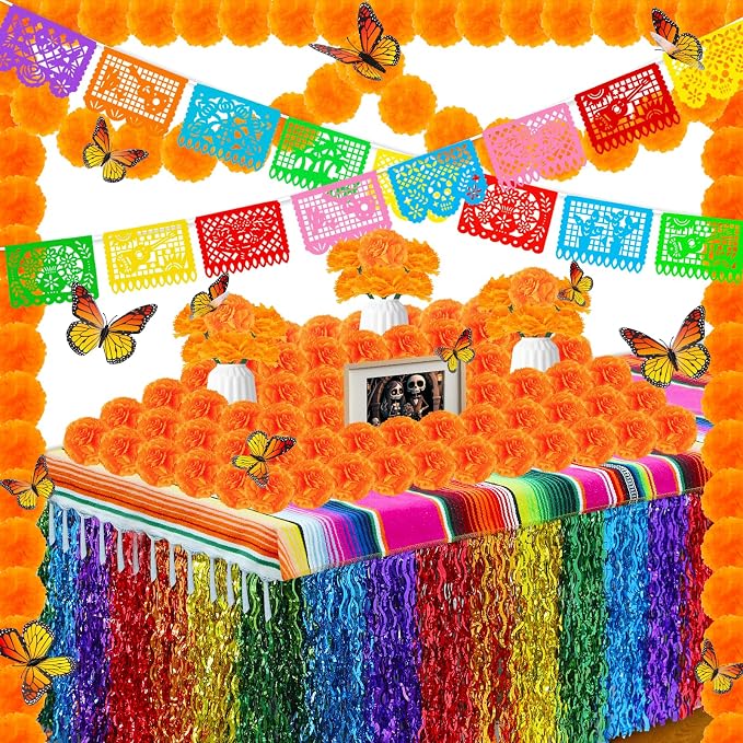 96Pcs Day of The Dead Decorations Set,18 Mexican Party Banners Papel Picado, 2 Marigold Garland, 50 Marigold Flowers, Table Skirt, Table Runner, 24 Butterfly for Dia De Los Muertos Diwali Altar Decor - skull carpet