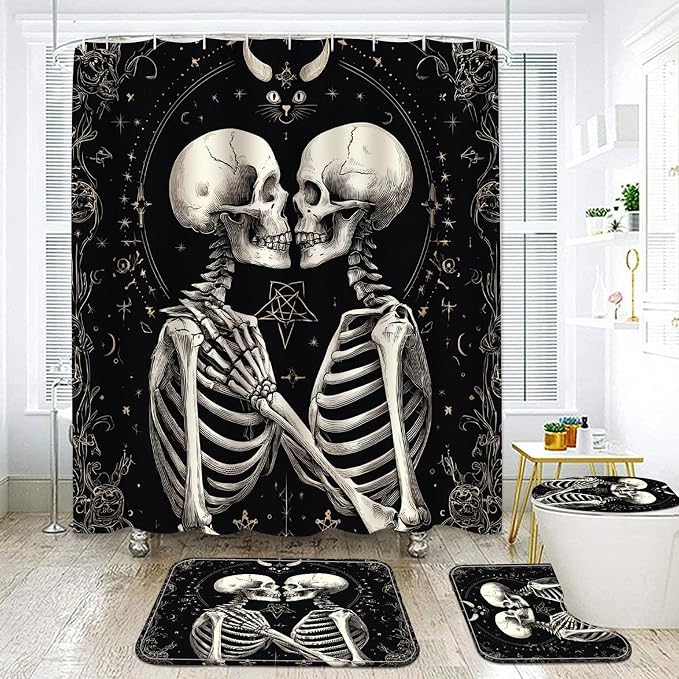NEWSUYAA 4pcs Halloween Shower Curtains with Rugs Bathroom Sets - skull toilet mat