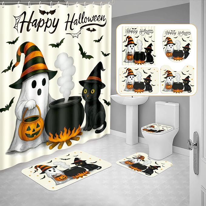 4Pcs Halloween Bathroom Shower Curtain Decor Sets Ghost Cat Pumpkin Rug Bath Mat Toilet Lid Cover Spooky Decorations with 12 Hooks - skull toilet mat