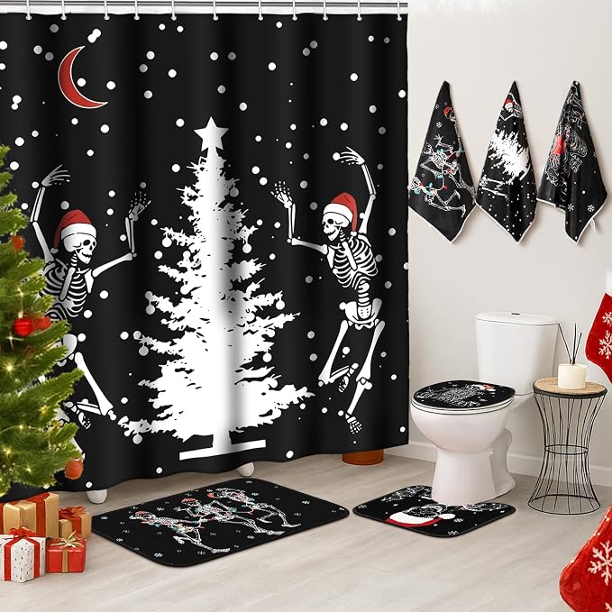 Newwiee 7 Pcs Christmas Shower Curtain Set Xmas Bathroom Dector, Skeleton - skull toilet rug