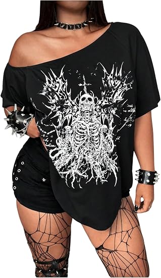 BEAUDRM Women's Plus Size Skull Off The Shoulder T Shirt Oversized Grunge Punk Shirt Gothic Short Sleeve Going Out Top - skull jacket