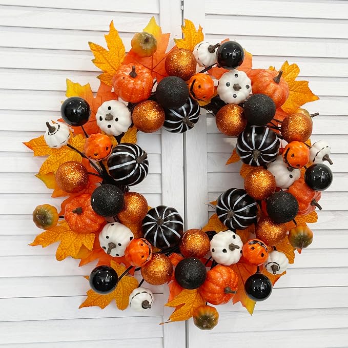 TOKCARE 22 Inch Halloween Wreath for Front Door with Pumpkins and Ornaments - skull wreath