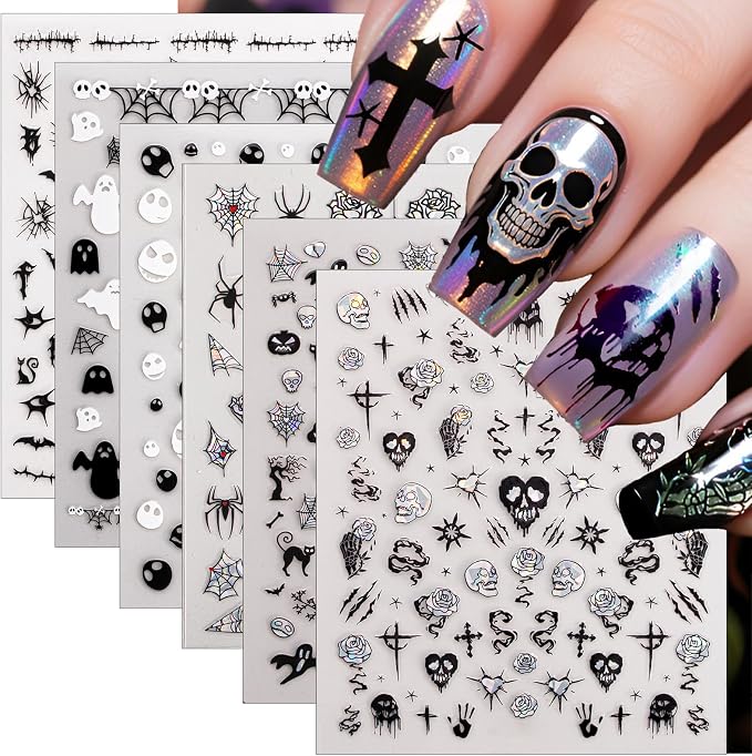 6 Sheets Halloween Nail Stickers – Black & White Holographic Gothic Ghost Skull Spider Web Nail Art Decals, Self-Adhesive Halloween Cute Manicure Decorations for Women Girls DIY Nail Art - skull sticker