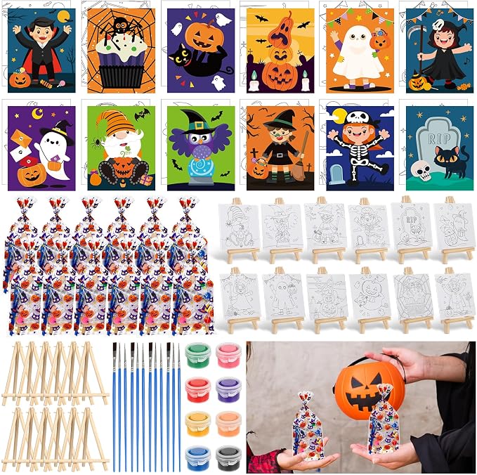 AmazingSpark 60 Pcs Pre Drawn Canvas Kit, 12 Set Sip and Paint,Halloween