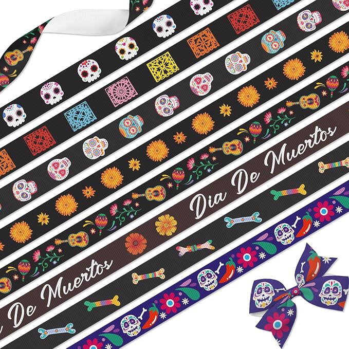 Dia de Muertos Ribbon 8 Pack 3/8" Grosgrain Day of The Dead Sugar Skull Mexican Halloween Ribbons for Decoration Craft Party Supplies 3 Yards Each - skull wreath