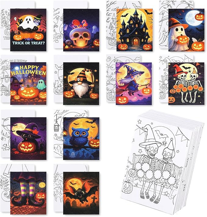 12 Packs Halloween Pre Drawn Canvas to Paint, Pre Printed Canvas for Painting, Pre Stretched Canvas Outline Painting Boards for Beginners, Students, Party Favors(5 * 7in) - skull painting