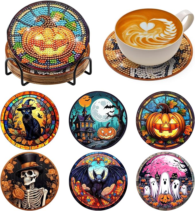 Zynlio Halloween Diamond Paintings Coasters Kits Set with Holder, Halloween Diamond Art, DIY Diamond Crafts Coasters for Adults, Diamond Art Painting Kits for Women, Beginners, Diamond Craft Supplies - skull coaster