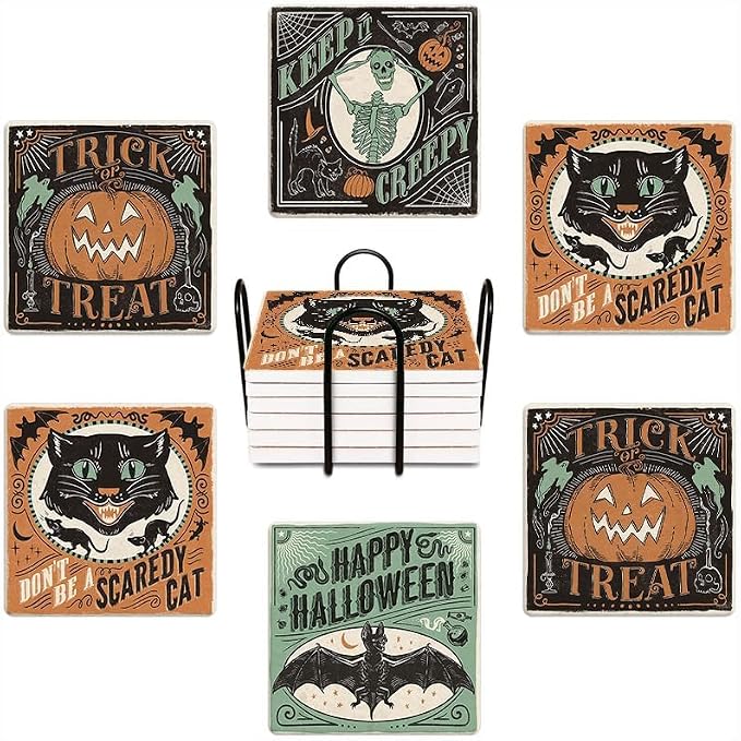 6Pcs Coasters with Metal Holder, Vintage Green Black Halloween Absorbent Square Ceramic Stone Mat Coaster, Drink Coasters Cup Mats for Bar Party Home Office Table Decor Warming Gift - skull coaster