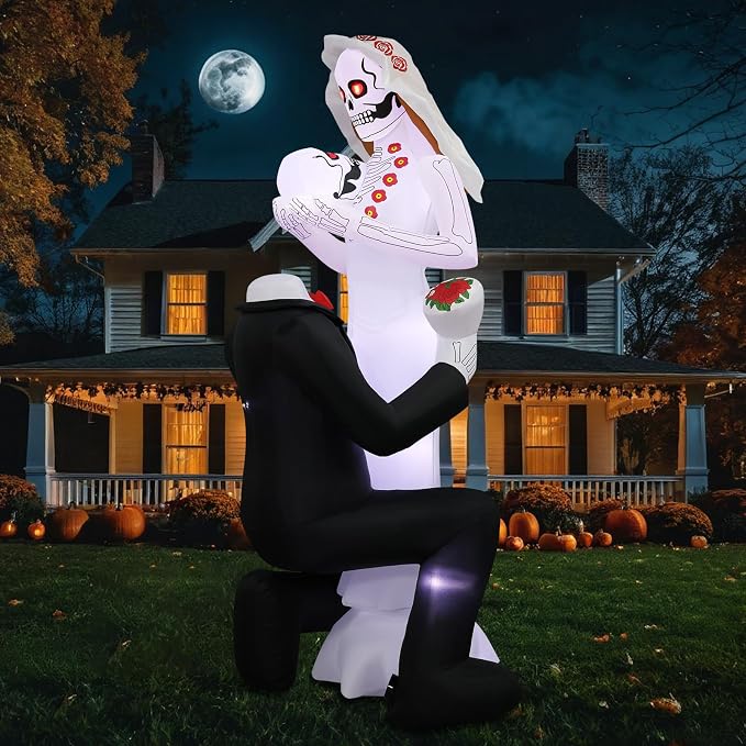 Halloween Inflatables Giant 8Ft Tall Skeleton Couple Day of The Dead Outdoor Decorations, Spooky Blow Up Skull Lovers Yard Decor Built-in 10 LED Lights for Outside Party Lawn Garden - skull inflatable