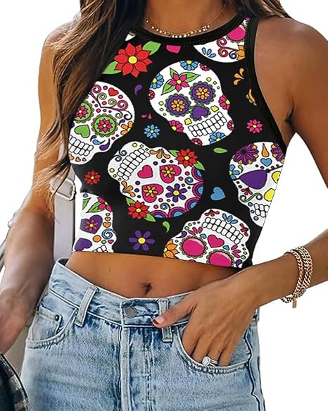 Eciodci Women's Halloween Crop Top 3D Skeleton Skull Pumpkin Printed Soft Summer Sleeveless Crop Tank Tops for Women - sugar skull dress