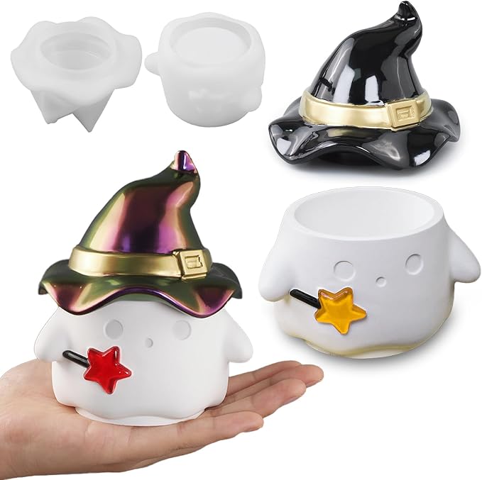 Wehous Halloween Resin Jar Molds with Lids, Unique Ghost Witch Shape Box Silicone Molds, Cute Candle Holder Storage Container Mold for Resin Concrete, Halloween Ornament Candy Holder Art Craft Mould - skull ashtray