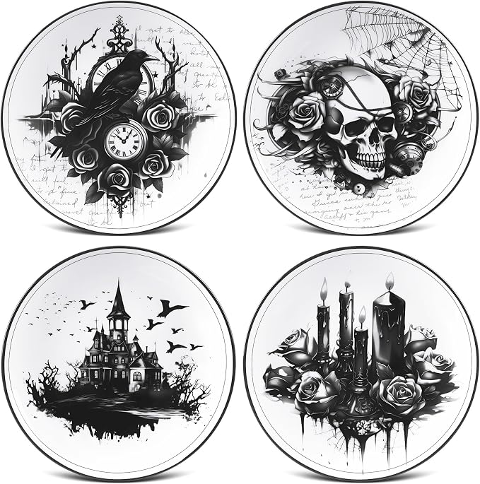 Vesici 4 Pcs 9in Halloween Gothic Plates Ceramic Halloween Dinnerware Set - skull plate