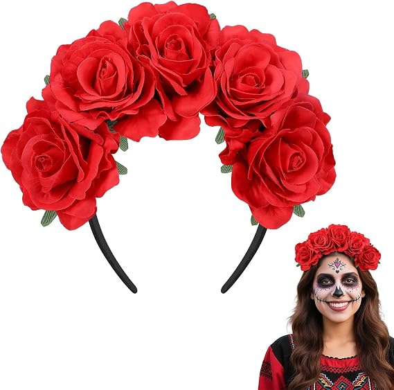 Bigmeta Day of the Dead Flower Crown Headband for Women - Rose/Marigold - sugar skull costume