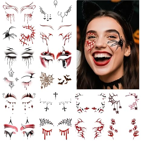Halloween Zombies Face Makeup Patches, Horror Face Tattoo temporary Tattoo for Women Men Fake Tattoo Stickers, Day of Dead Party Supplies Spider Web Bat Demon Ghost Gothic Punk Dark Red, 16 Sheets - skull sticker