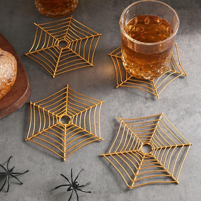 4 Pcs Halloween Coasters for Drinks Metal Spider Web Brass Mat