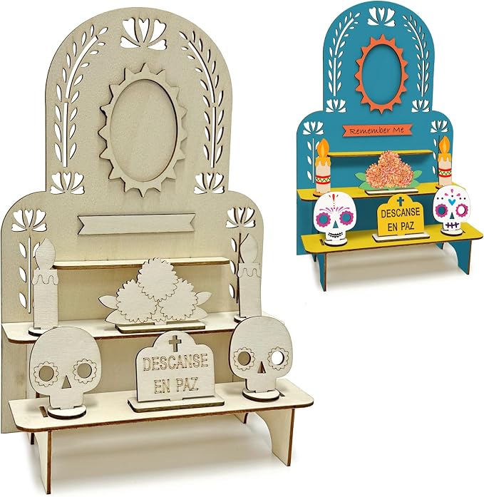 3-Tier Dia De Los Muertos Altar Ofrenda Kit, Wooden Day of The Dead Altar - skull figurine
