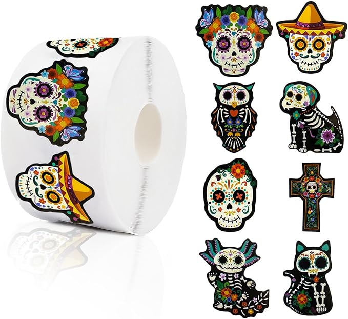 Day of the Dead Stickers, 500-Count Roll, 1.5 Inch, 8 Designs - skull sticker