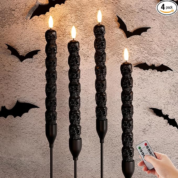 Black Skull Halloween Flameless Taper Candles with Remote Set of 4 - skull lamp