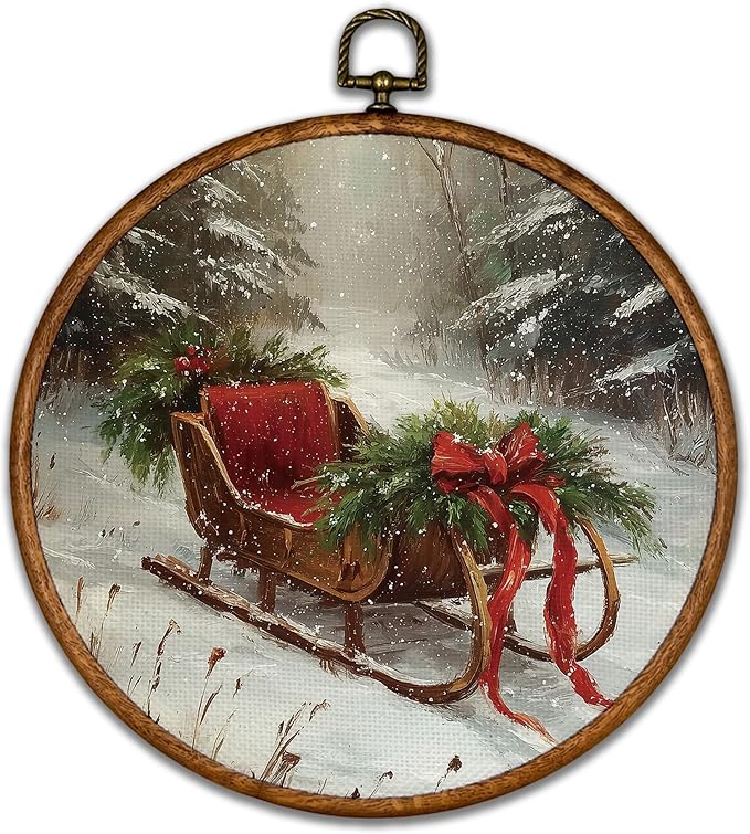 BCUANGD Christmas Round Wall Art Decor - Vintage Winter Snow Wall Art Canvas Frame Artwork Prints, Rustic Holiday Christmas Cottage Round Wall Hanging Decorations for Home Farmhouse, 10"x10" - skull wall art