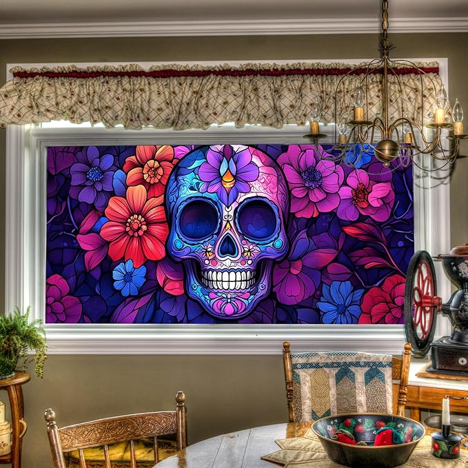 HOMETITUTE Dia De Los Muertos Skull Window Privacy Film 39.3x17.7 Inch - skull sticker