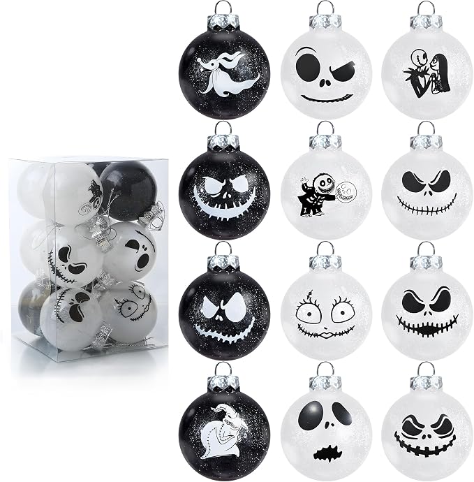 Nightmare Christmas Ball Ornaments Set, Skull Pattern Jack White and Black Xmas Tree Decorations, Plastic Shatterproof Hanging Balls Halloween Decor, 2.36”/60mm (12, White and Black) - sugar skull ornament