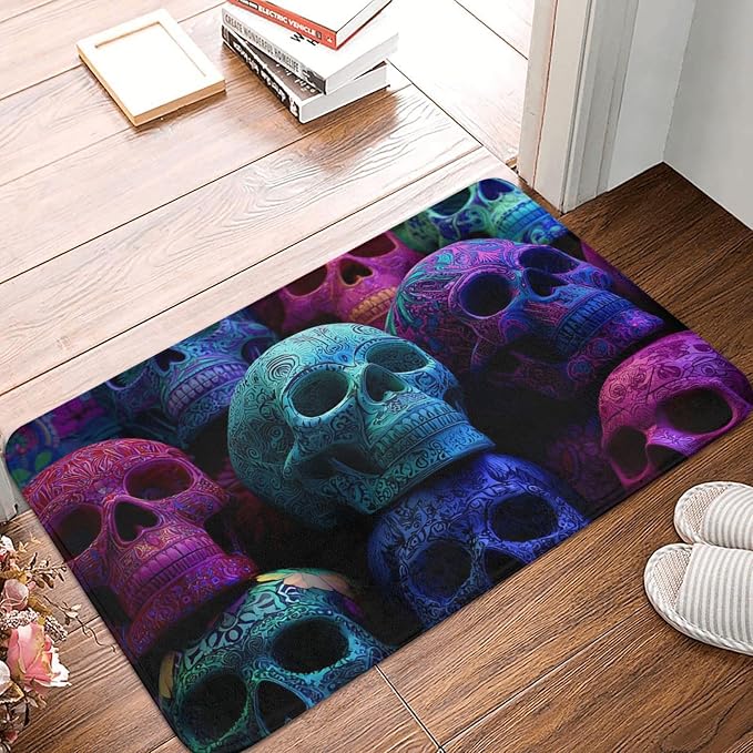 Outdoor Door Mat 16" x 24" Bathroom Doormats Colorful Sugar Skulls Mats for Outdoor Indoor Non-Slip Home Decoration - skull toilet mat