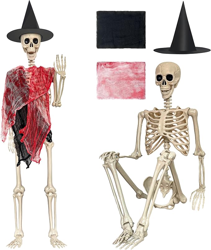 LINAYE 5.4FT Life Size Halloween Skeleton Posable Easy Assembly, Full Realistic Bones with Movable Joints,Halloween Decorations Indoor Outdoor for Yard Garden,Includes Witch Hat & 2 Creepy Cloths - skeleton