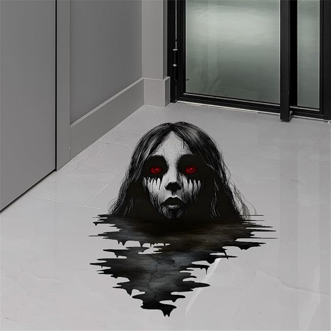 3D Blood Female Ghost Wall Decals,Set of 2 Giant Removable Stickers,Glowing Red Eyes Flowing Hair Haunted Wall Decals for Bedroom,Living Room,Ultimate Halloween Horror Decor (35.4" x 11.8" Each) - skull sticker