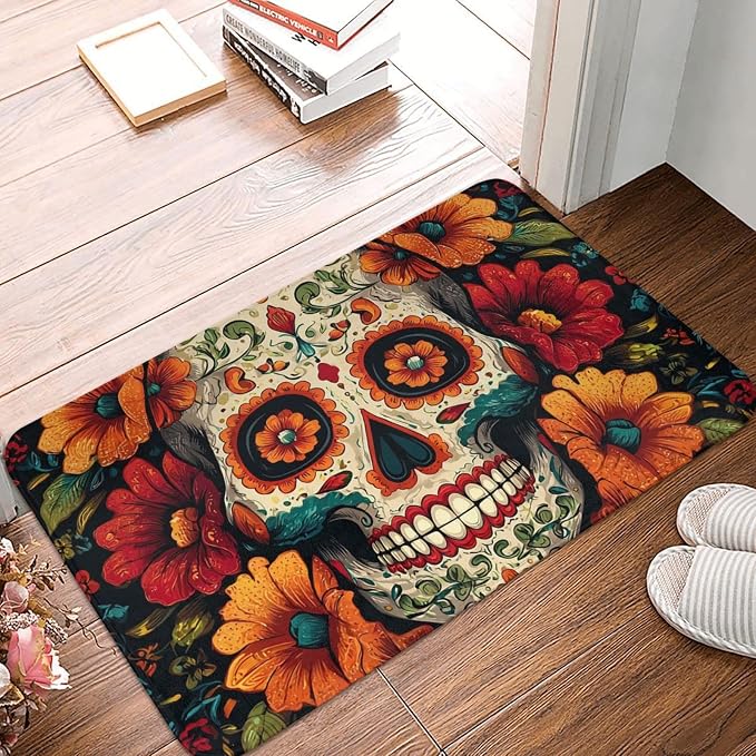 Outdoor Door Mat 16" x 24" Bathroom Doormats Colorful Sugar Skull Mats for Outdoor Indoor Non-Slip Home Decoration - skull toilet mat