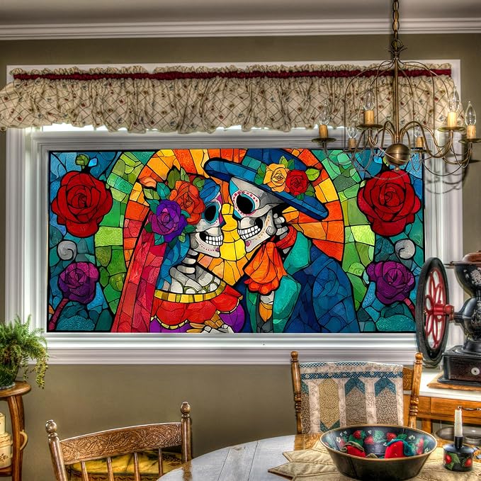 HOMETITUTE Day of Dead Sugar Skull Window Privacy Film 39.3x17.7 Inch - skull sticker