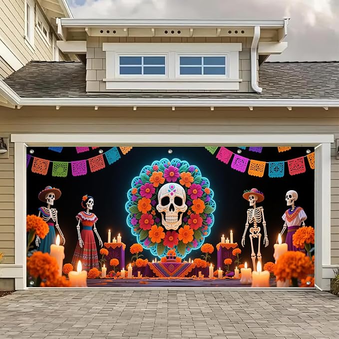 HOMETITUTE Day of the Dead Wreath Garage Door Cover 13x6 ft - skull wreath